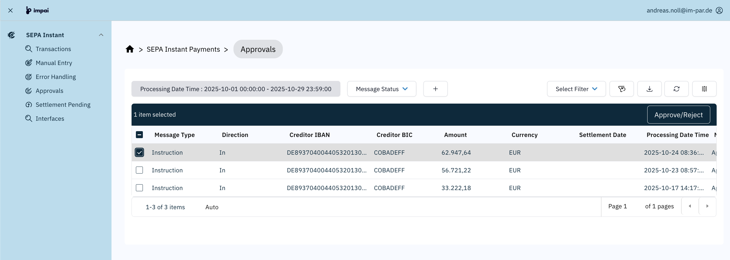 ImPAI approvals screen