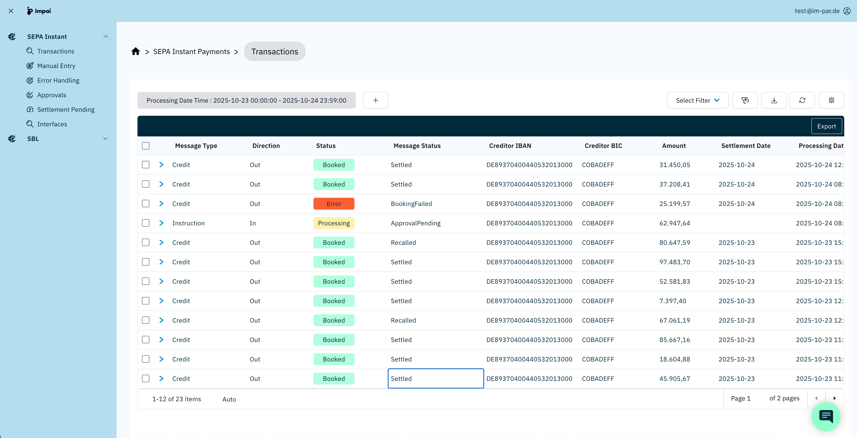ImPAI transactions screen