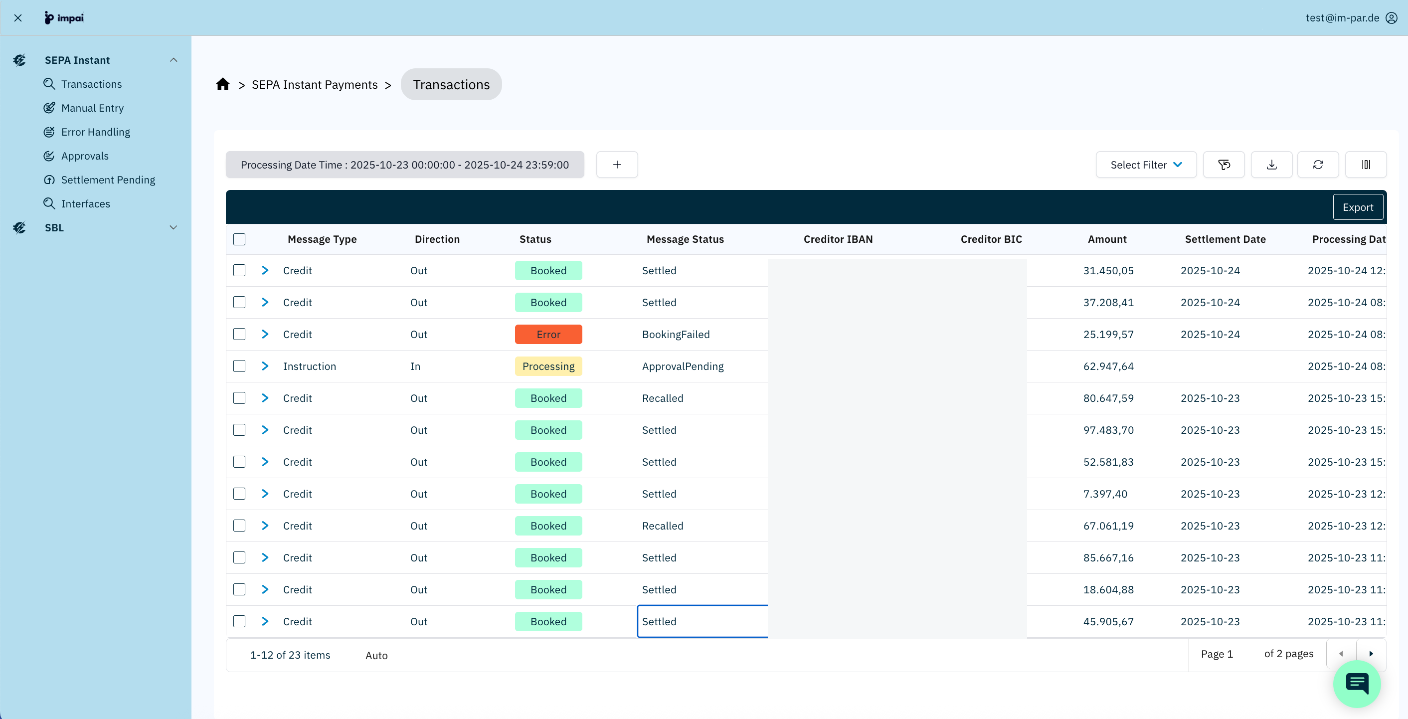 ImPAI transaction search and status workspace